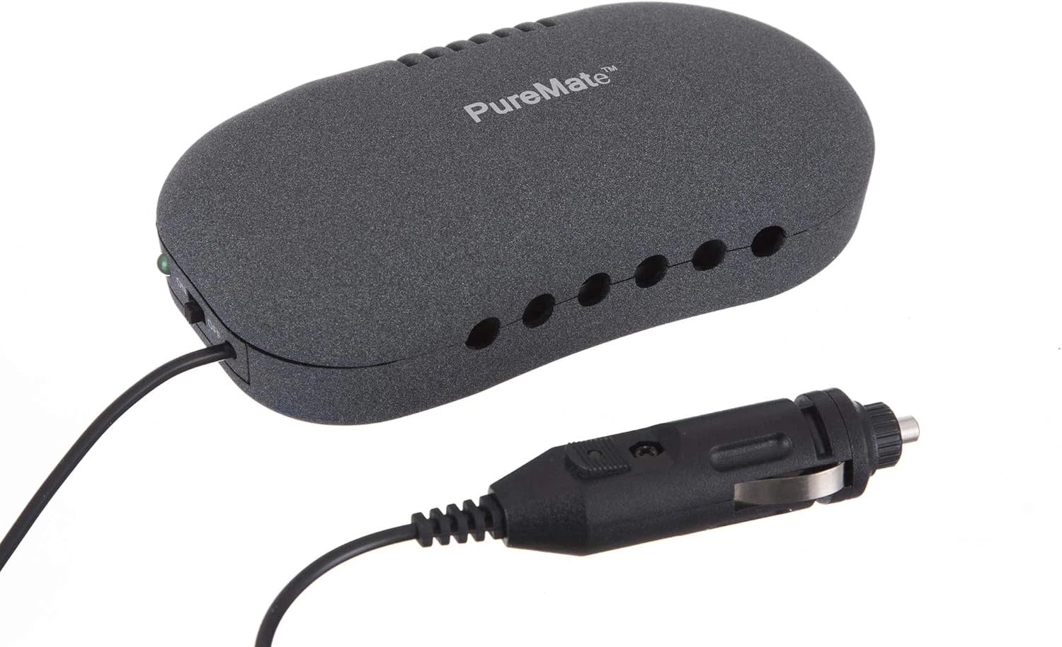 Black car charger with PureMate branding on a white background