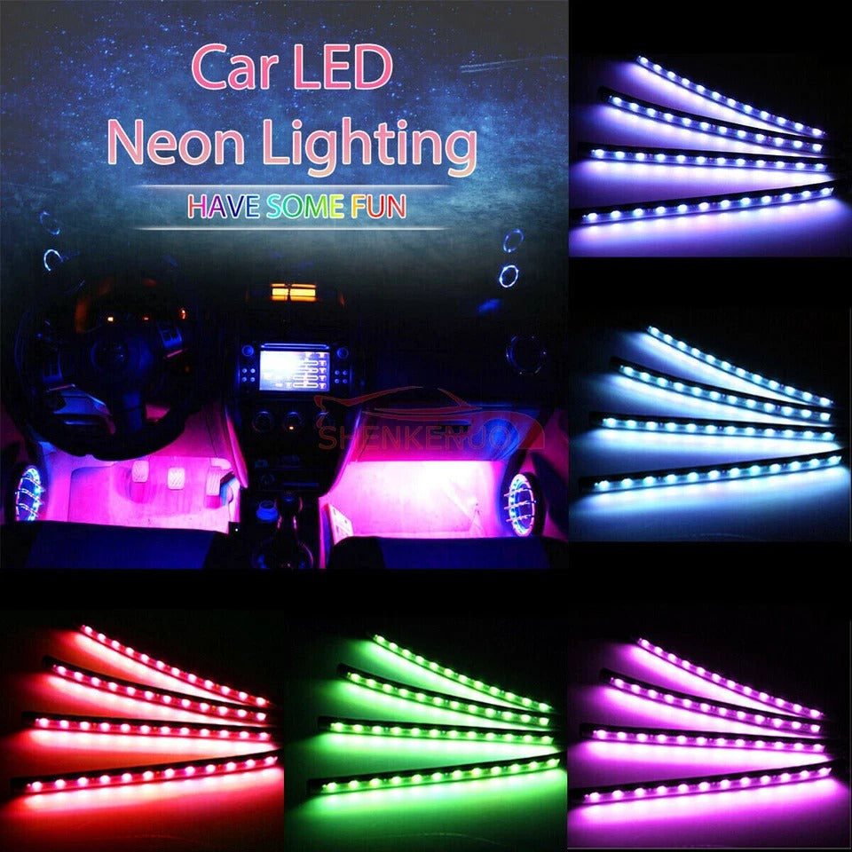 Car LED neon lighting kit with colorful lights and text 'Have Some Fun' on a dark background.
