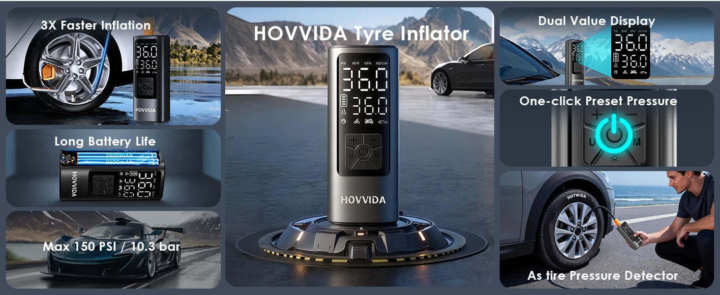 HOVVIDA tyre inflator with multiple features highlighted on a scenic background