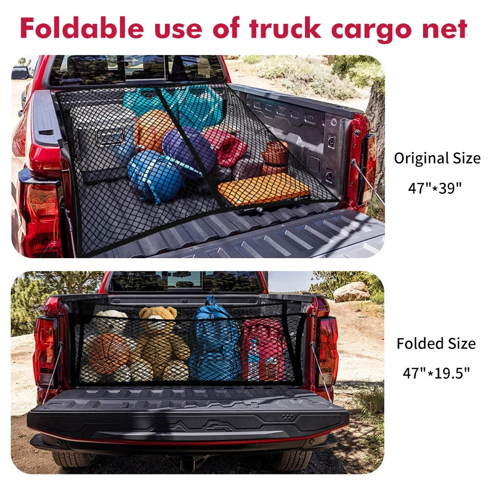 Foldable truck cargo net with original and folded sizes displayed.
