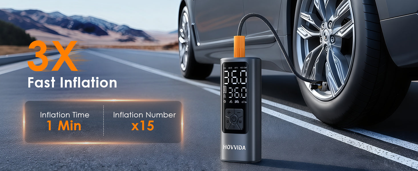 Car tire inflator with digital display on a road with a car in the background