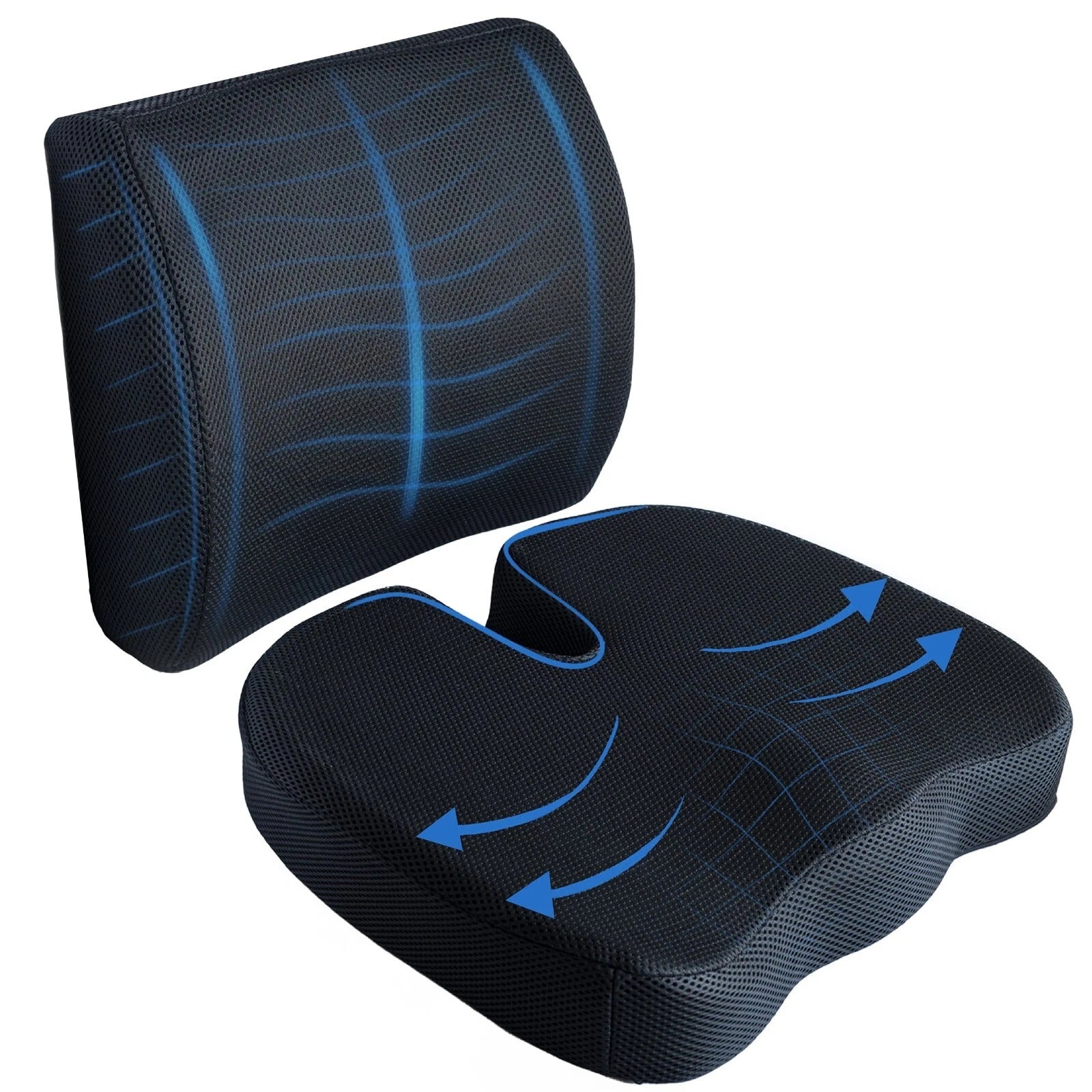 Two black mesh cushions with blue accents on a white background