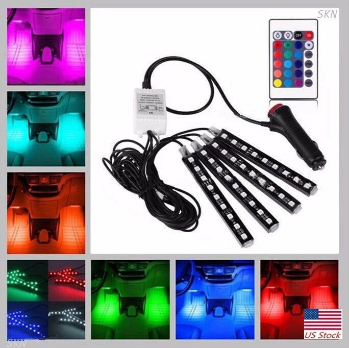 Car interior LED light kit with remote control and color-changing lights.