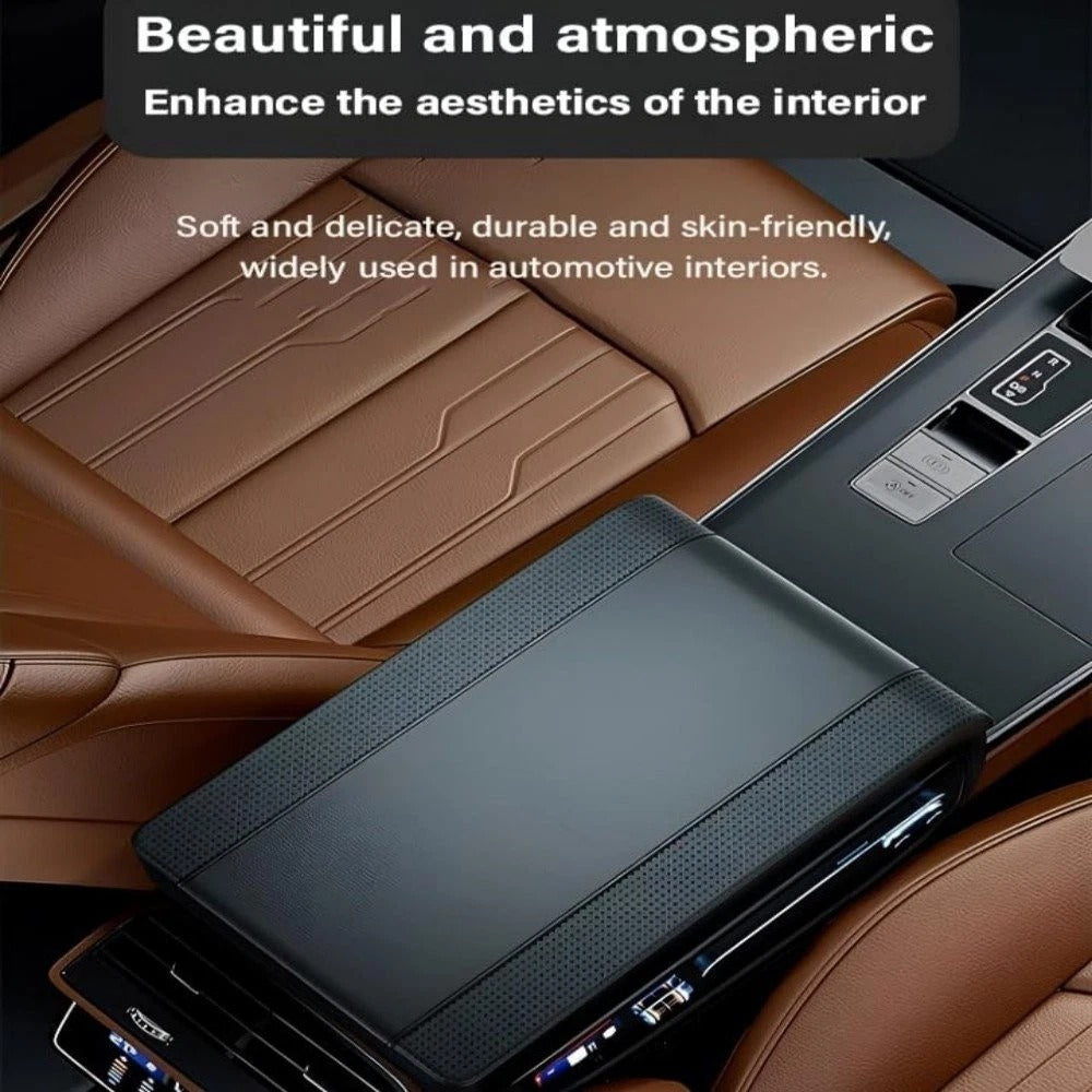 Car interior with brown leather seats and a black console, text about interior materials.