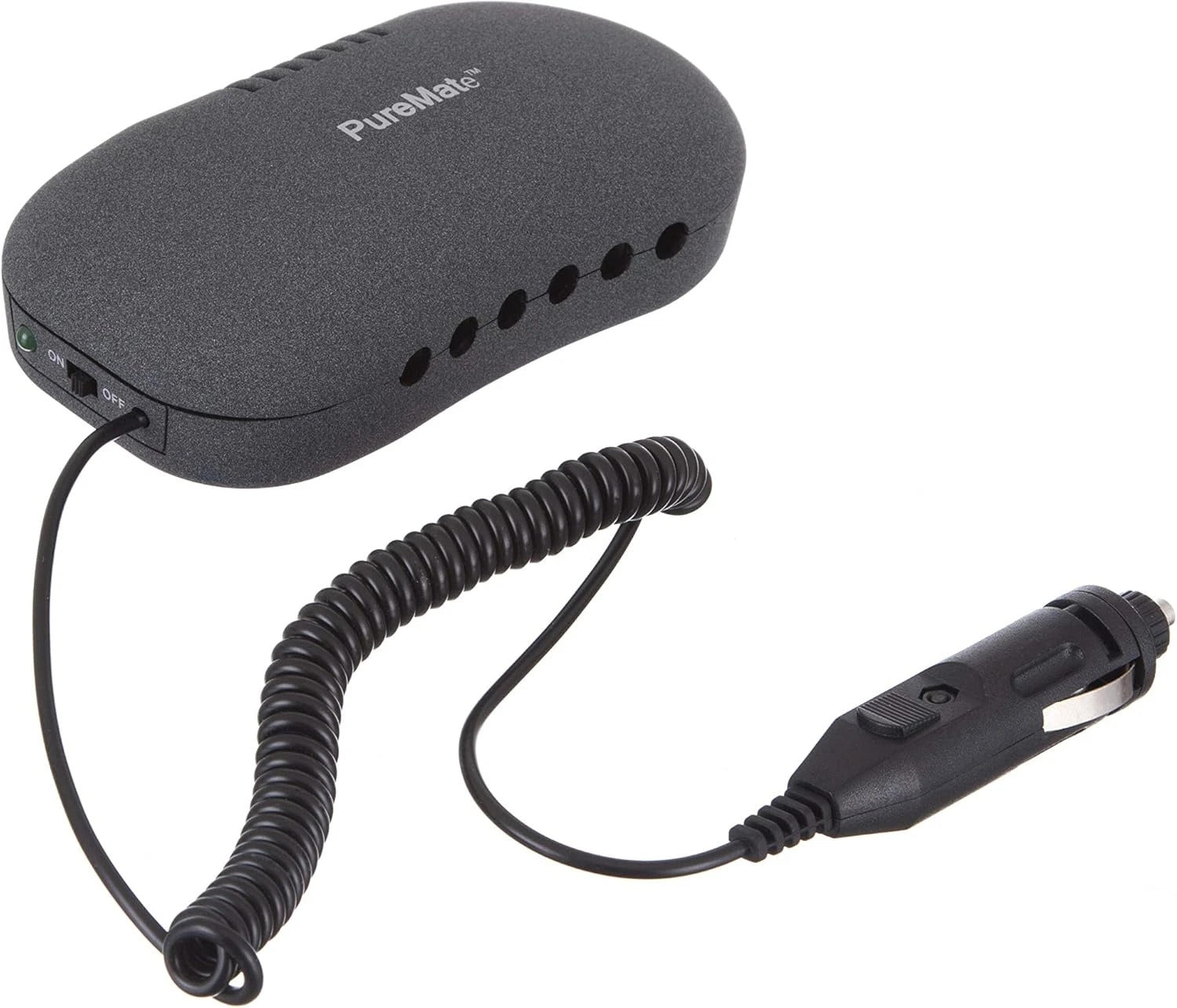 Black electronic device with coiled cable and car adapter on a white background