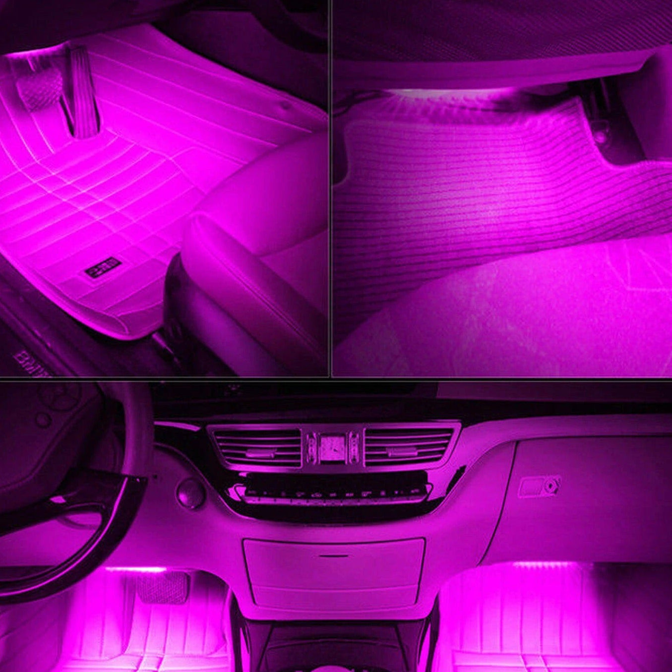 Collage of a car interior with purple LED lights illuminating the dashboard, floor, and ceiling.
