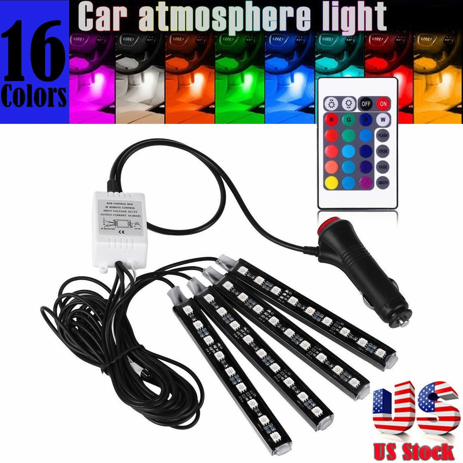 Car atmosphere light set with RGB color options and remote control on a white background.