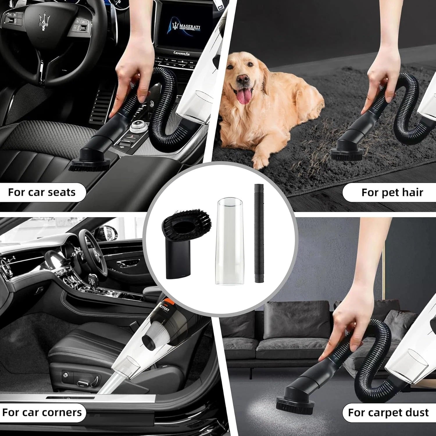 Collage of a handheld vacuum cleaner being used in various settings, including a car interior and on pet hair.