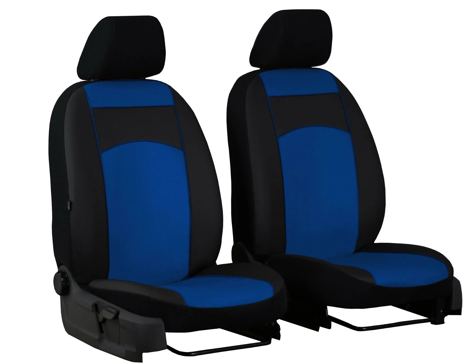Pair of black and blue car seat covers on a white background