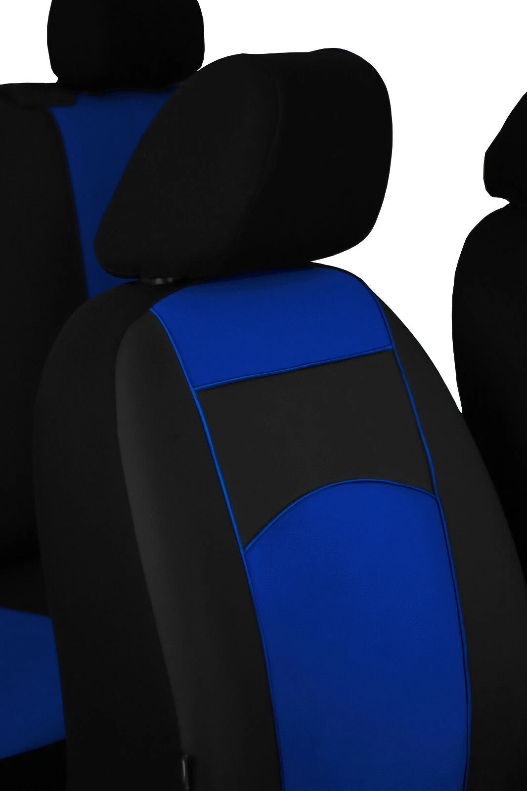 Black and blue car seat covers on a white background