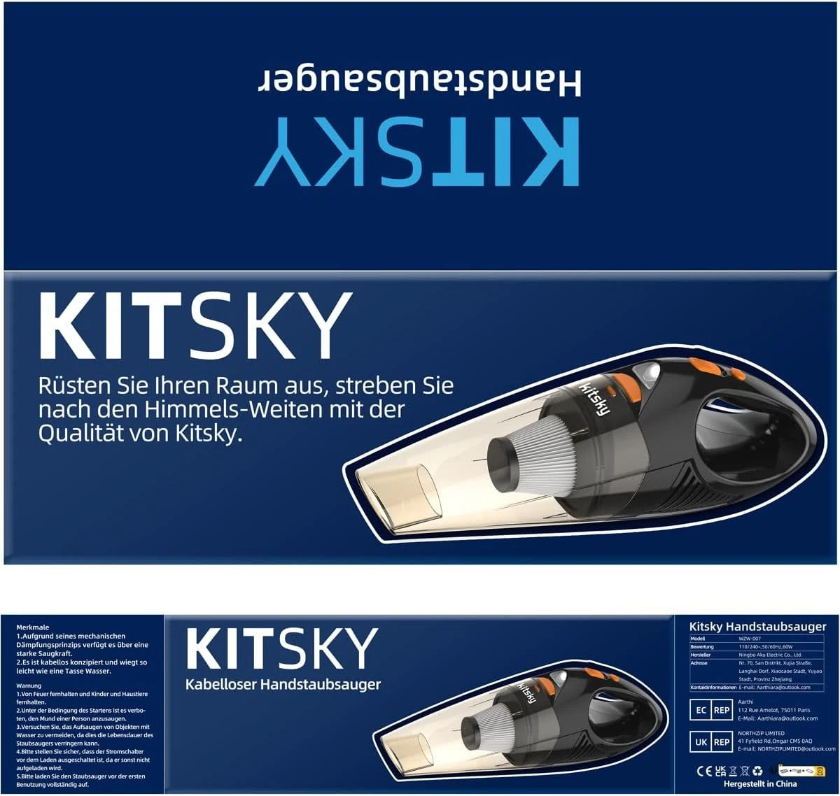 Kitsky handheld vacuum cleaner packaging with text on a blue background
